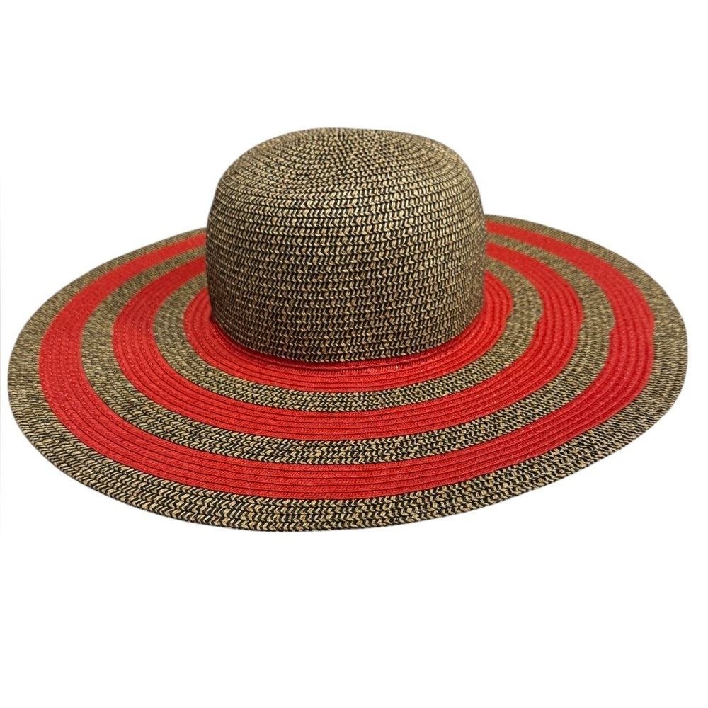 Amiani Stylish Orange/Red and Tan Wide Brim Straw Sun Hat